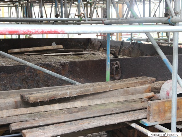 Salt pan amongst the scaffolding at Lion Salt Works